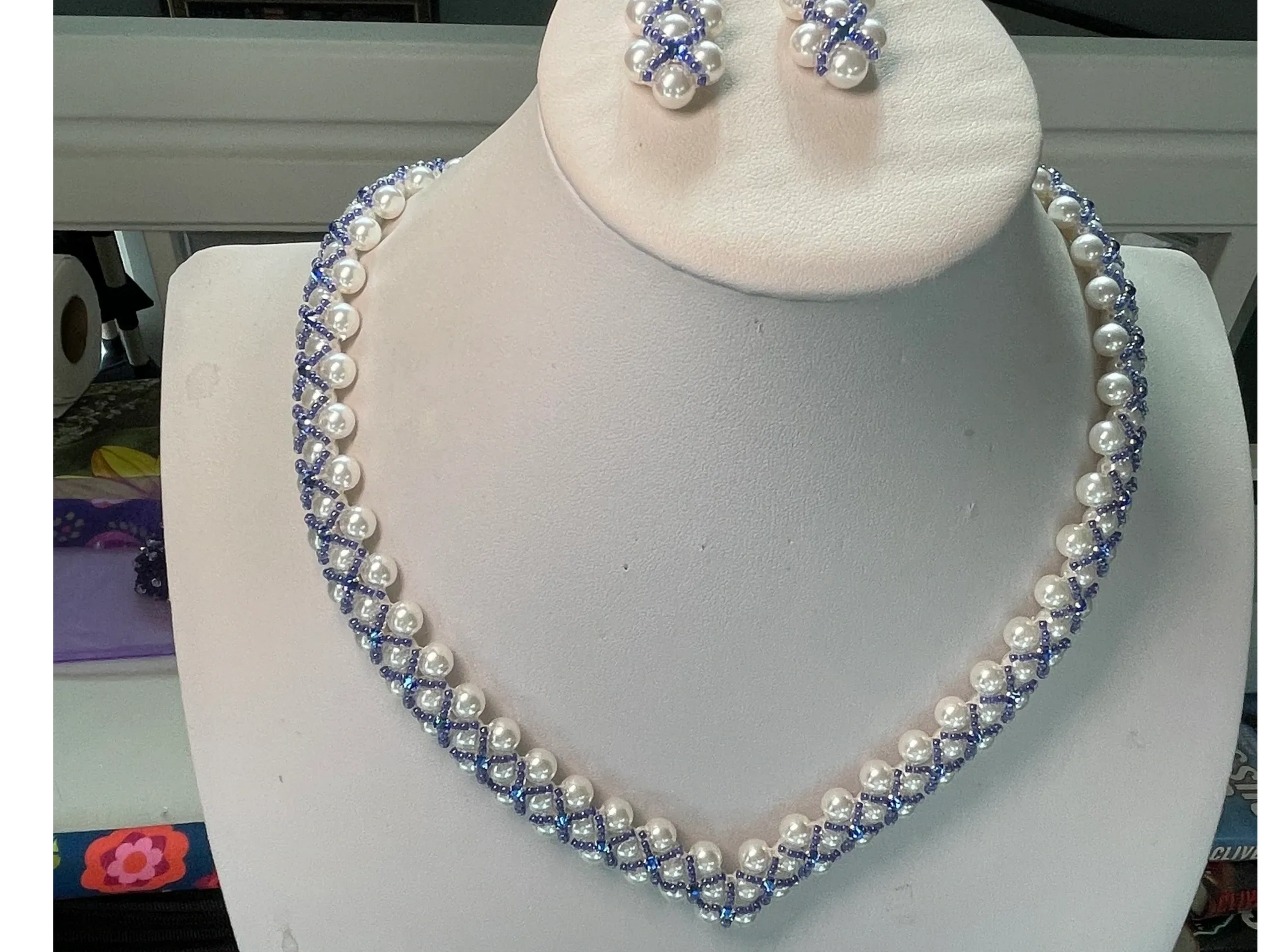 Pearl Necklace with Crystal Montee's with Earrings-Various Colors - Made to Order.  $135.00 
