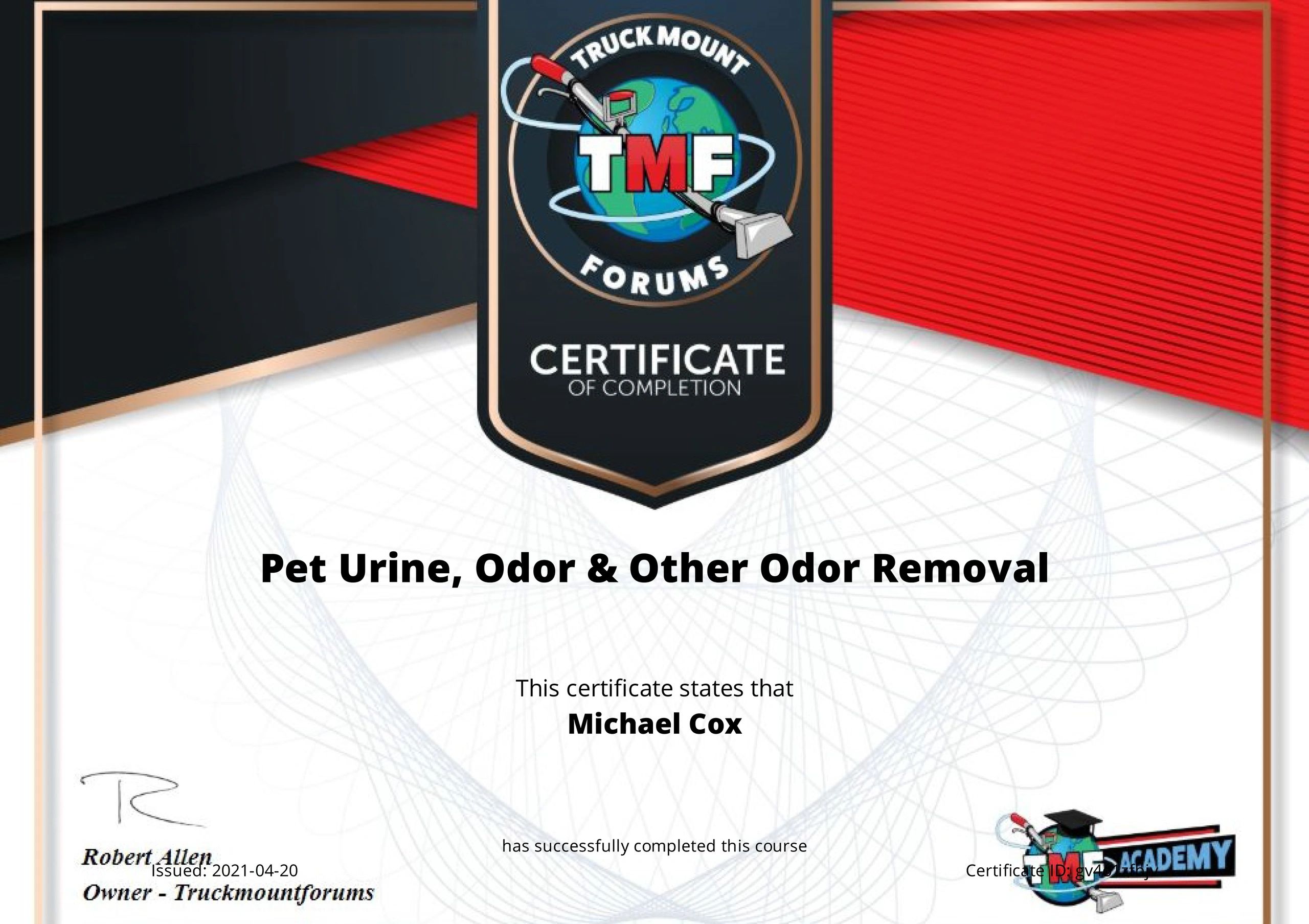 Certification in Pet Urine, Odor and Other Odor Removal