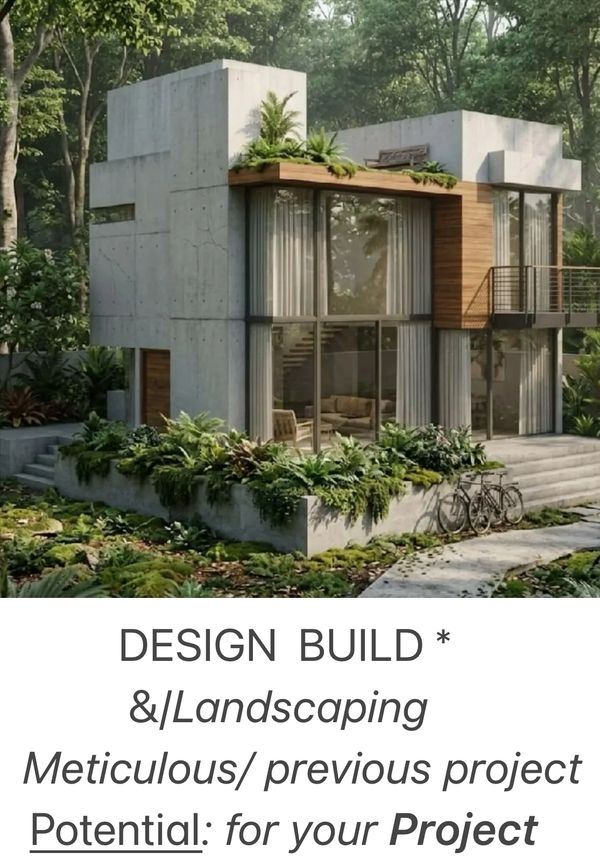 Modern two-story house with concrete and wood exterior surrounded by lush greenery.