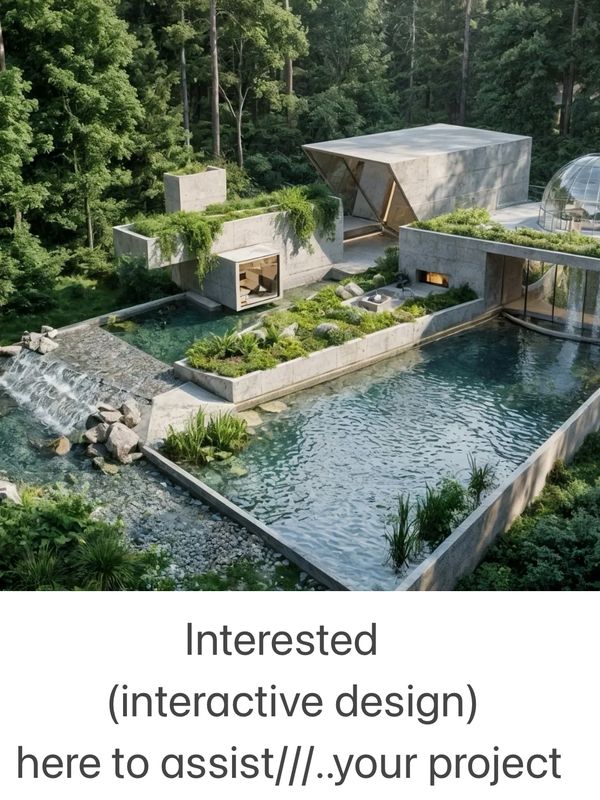 Modern concrete house with integrated water features and greenery in a forest setting.