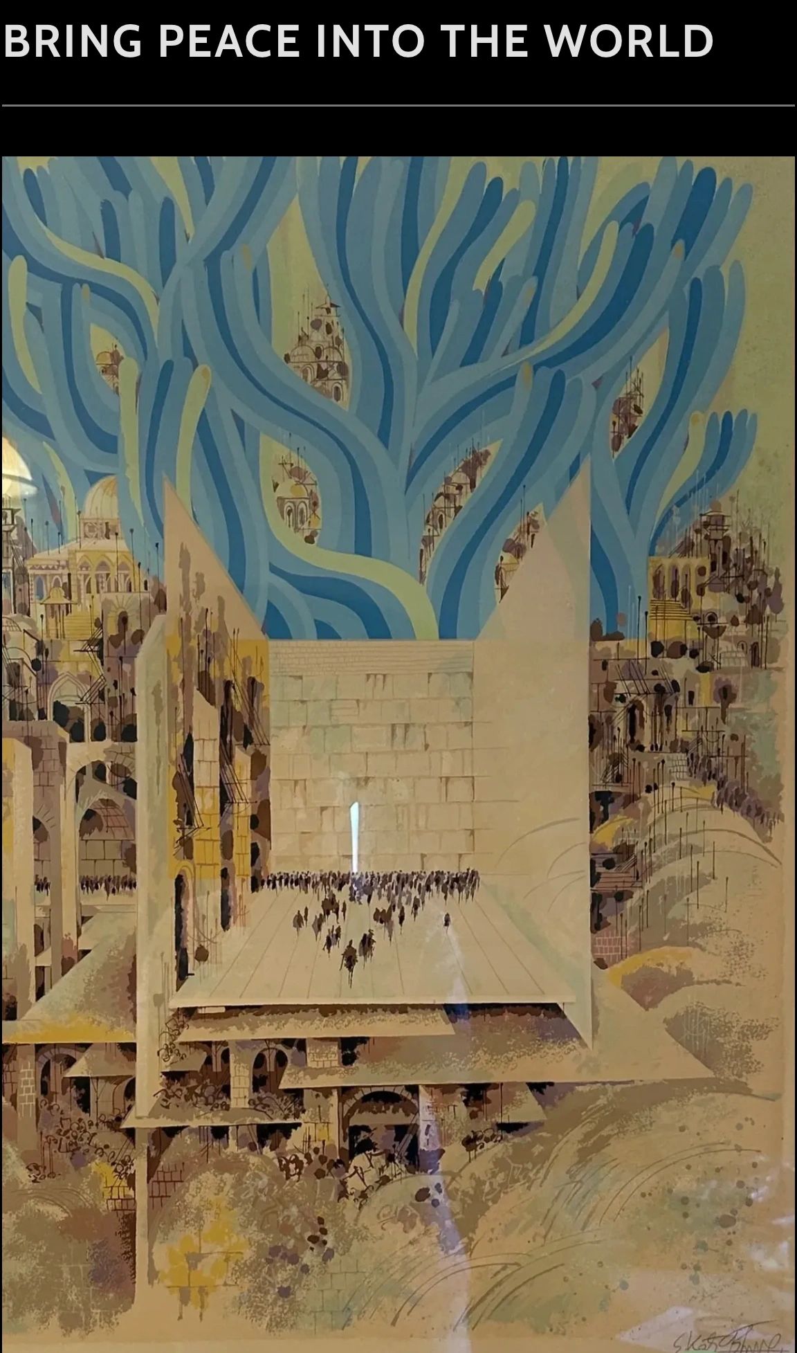 Abstract cityscape with people and blue wavy shapes, titled 'Bring Peace Into The World'.