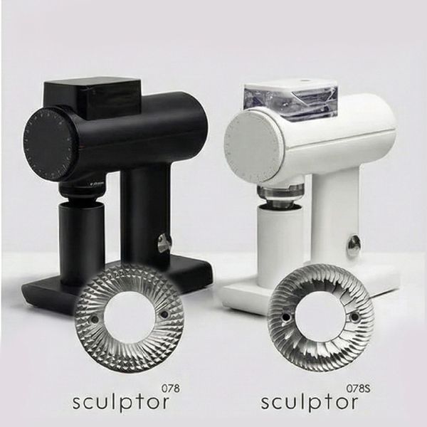 Black and white sculptor coffee grinders with burrs.