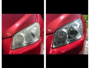 Comparison of a red car's headlight before and after cleaning and restoration.