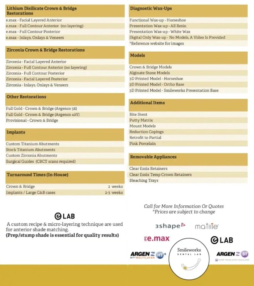 Dental lab services list including crowns, bridges, implants, models, and appliances.