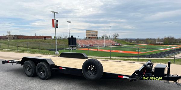 Our 22’ car hauler trailer for rent featuring tool box and winch