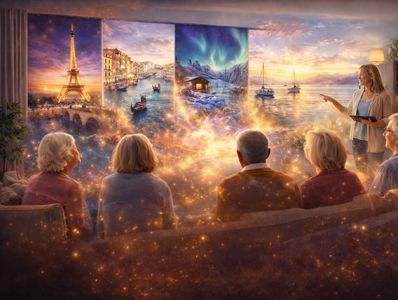 A woman presents a magical scenic display to elderly viewers in a cozy room.