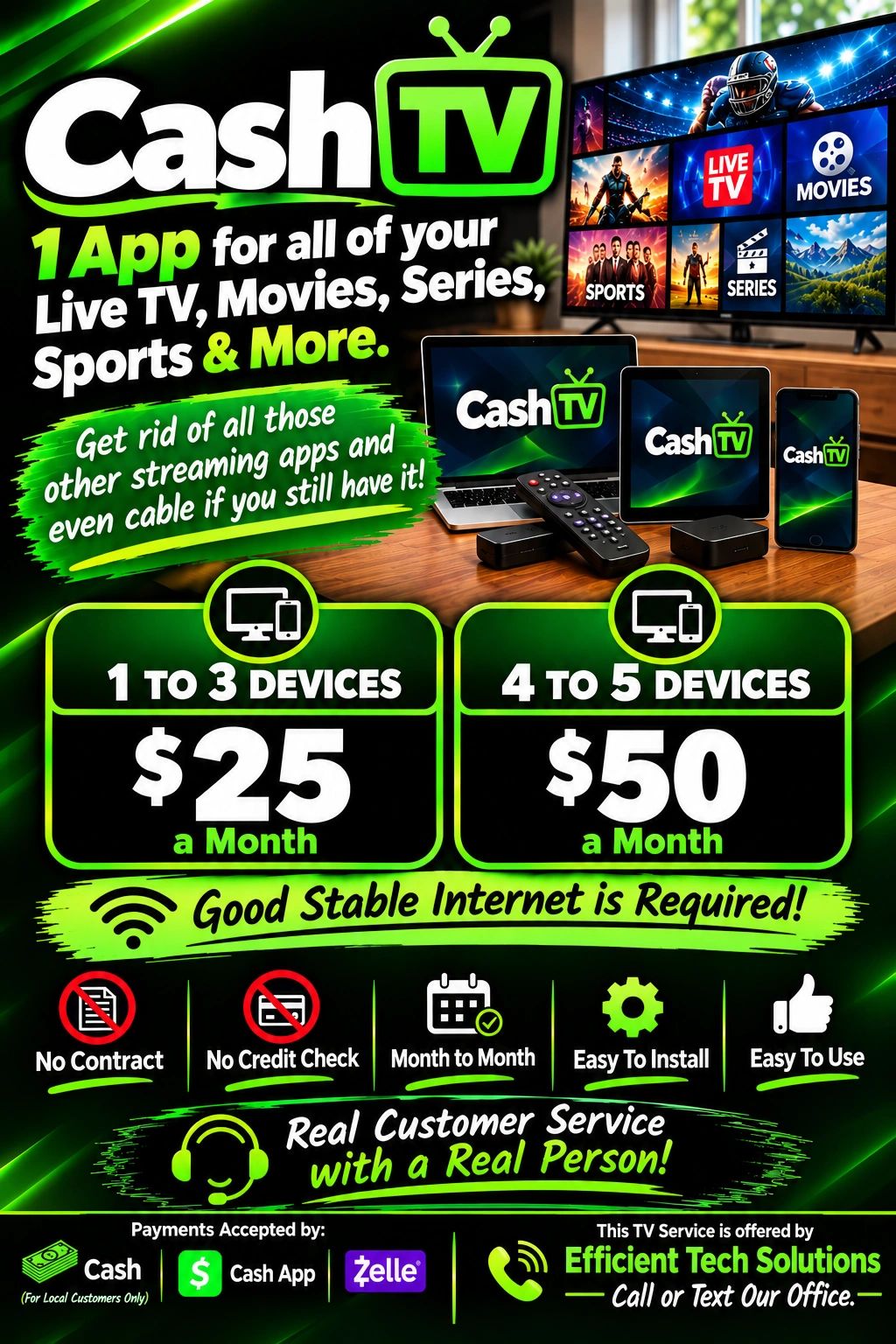 CashTV app offers live TV, movies, sports on multiple devices starting at $25/month.
