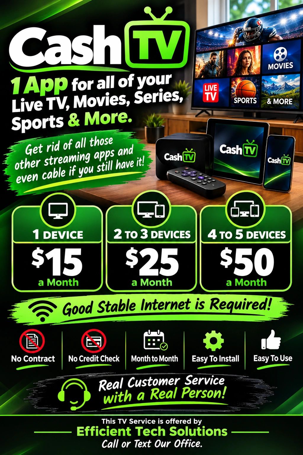 CashTV app offers streaming for live TV, movies, and sports with affordable monthly plans.