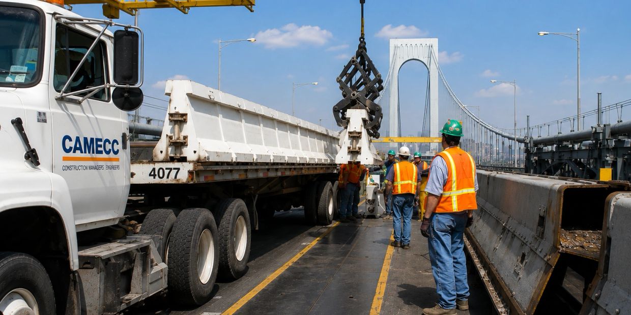 Construction workers operating crane on a bridge with a truck.
