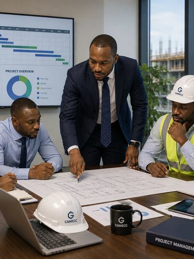 Team of professionals discussing construction plans in a meeting room.
