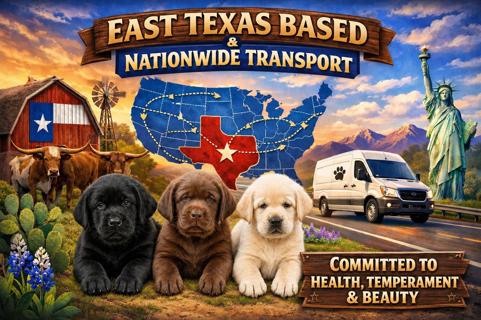 East Texas based nationwide transport with puppies, cattle, and landmarks.