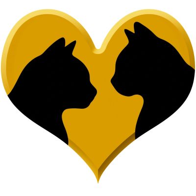 Silhouette of two cats facing each other inside a heart shape.