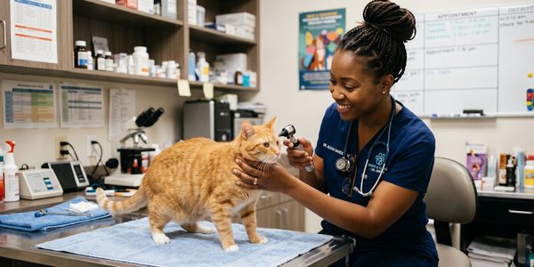 Veterinarian smiling while examining an orange cat in a clinic.