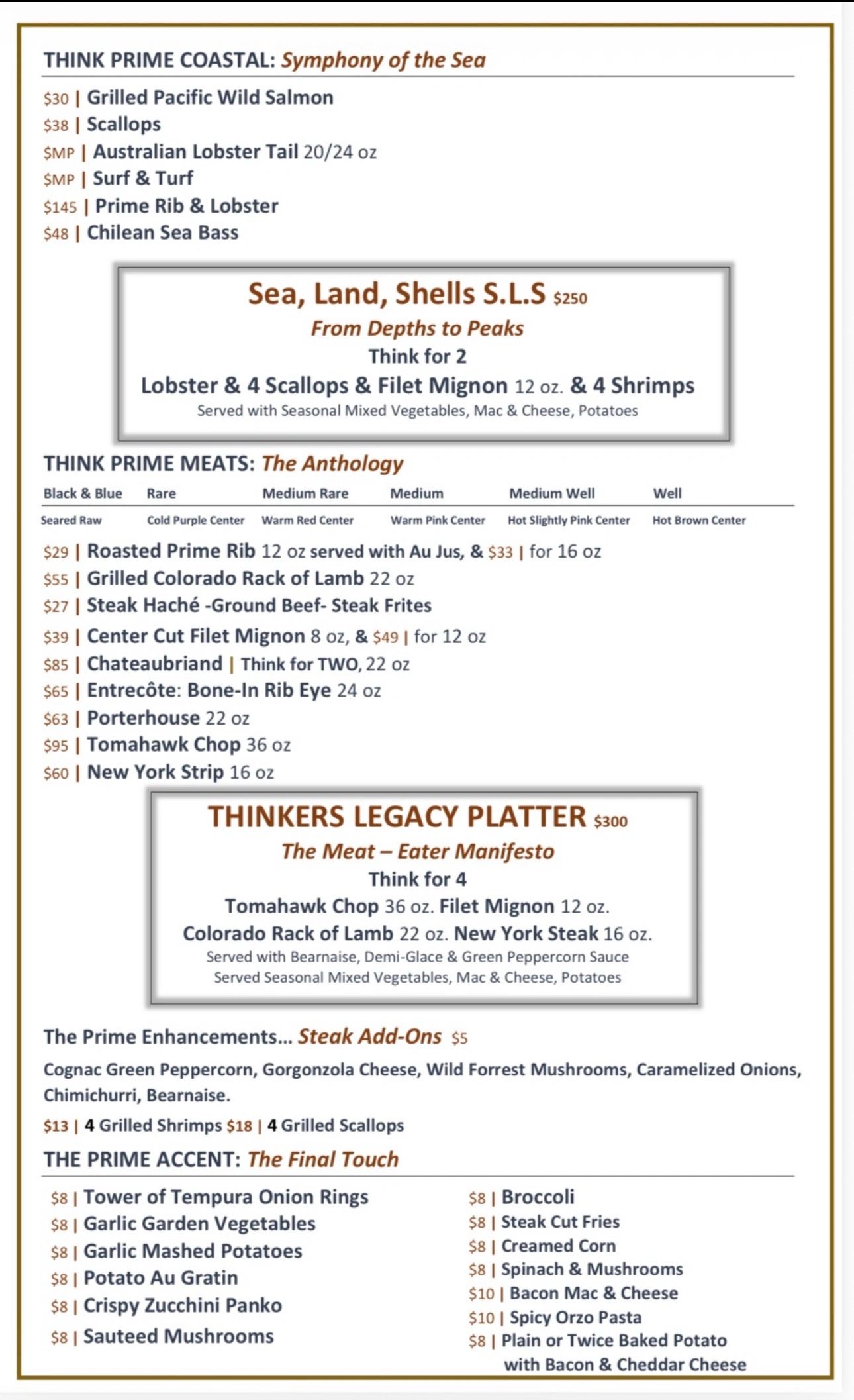 Menu featuring prime coastal seafood and prime meats with enhancements and sides.