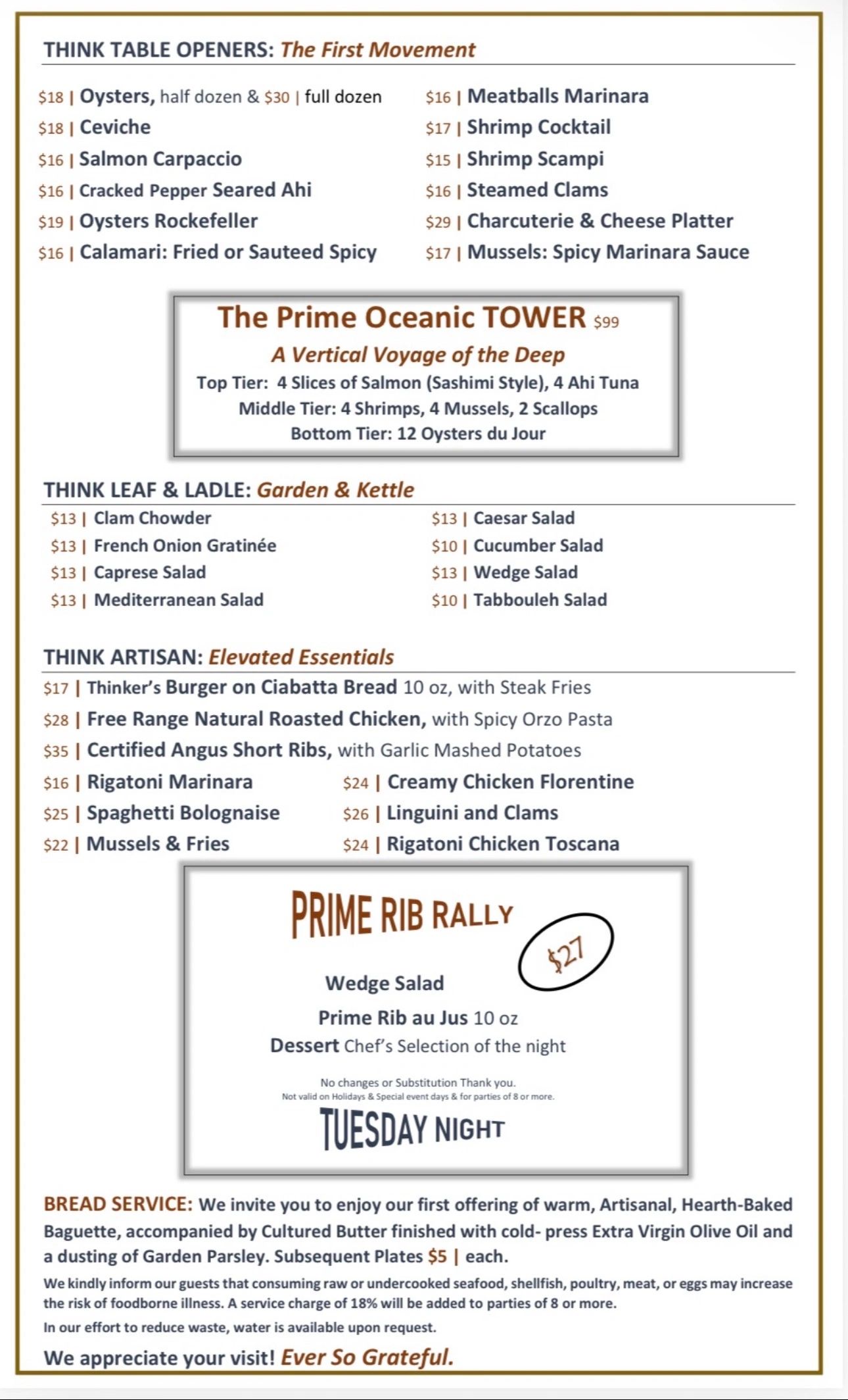 Seafood and salad menu with prime rib special on Tuesday night.