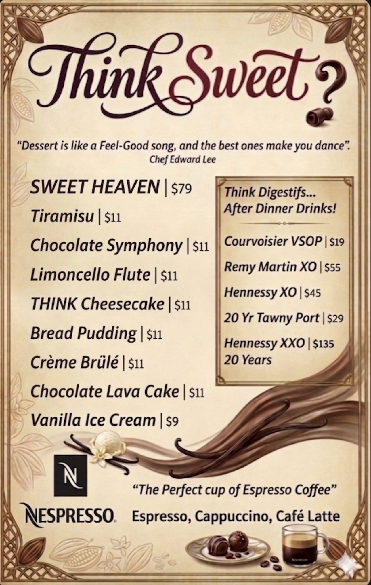 Dessert menu featuring sweets and digestifs with prices.