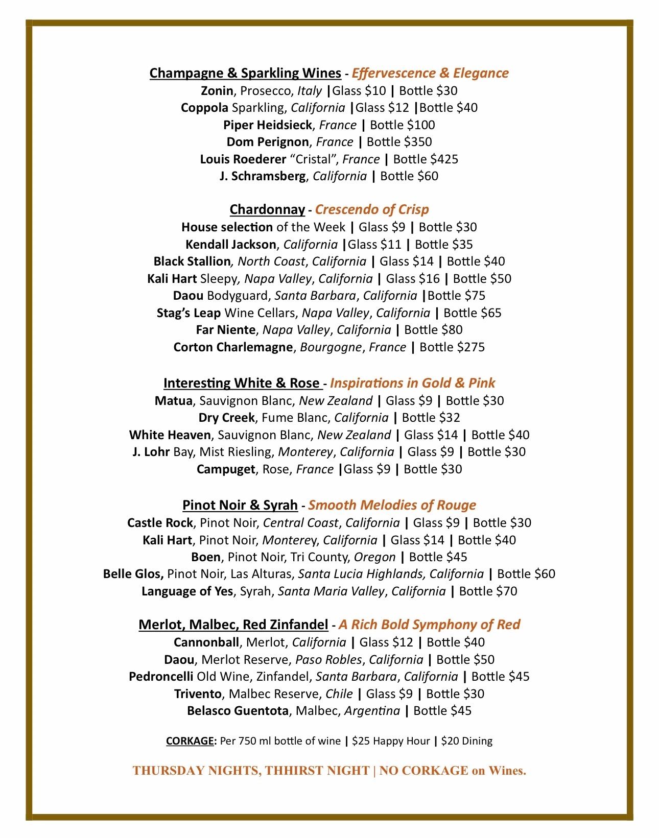Wine menu featuring champagne, white, rosé, pinot noir, syrah, merlot, malbec, and zinfandel selections with prices.