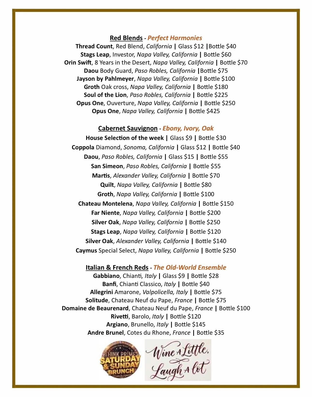 Wine menu featuring Red Blends, Cabernet Sauvignon, and Italian &amp; French Reds with prices.