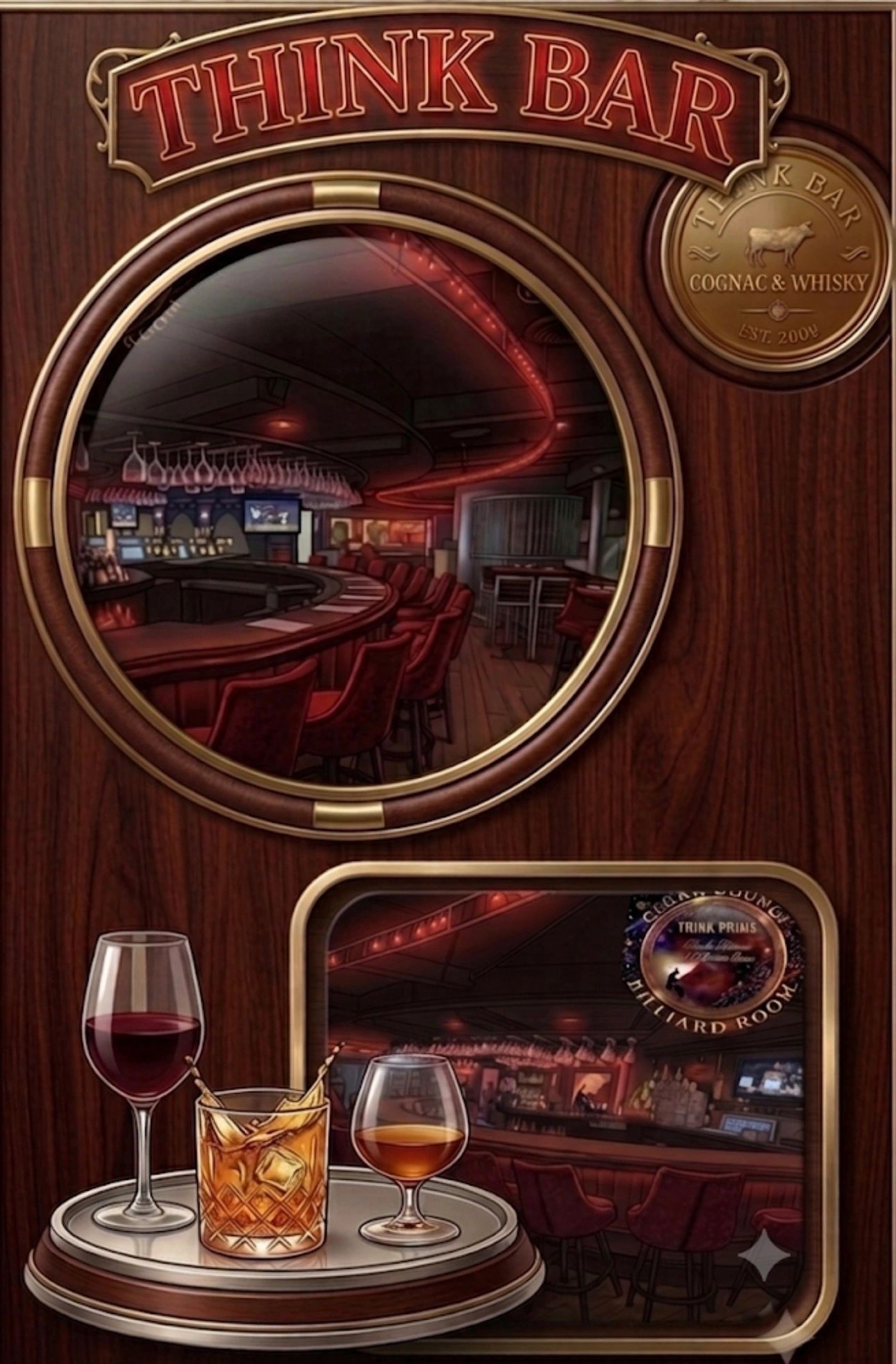 Illustration of a bar interior with drinks on a tray.