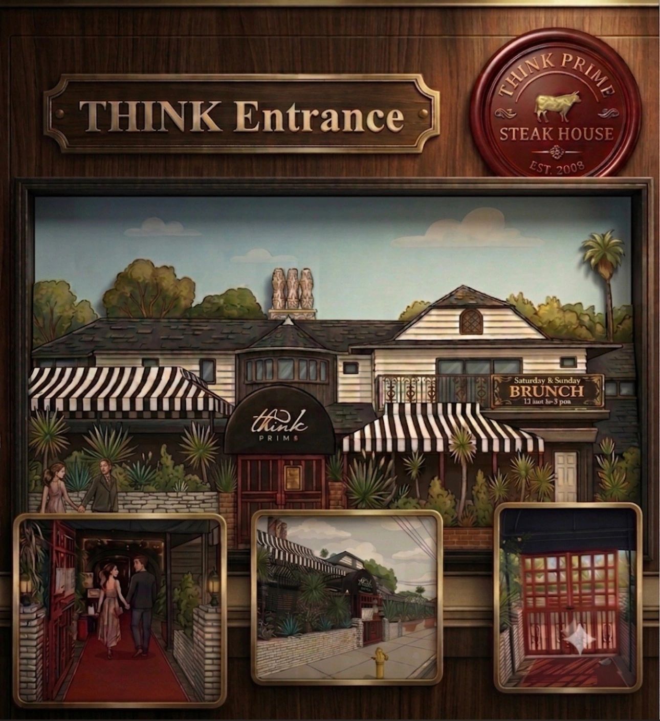 Illustrated entrance to Think Prime Steak House with signage and couple.
