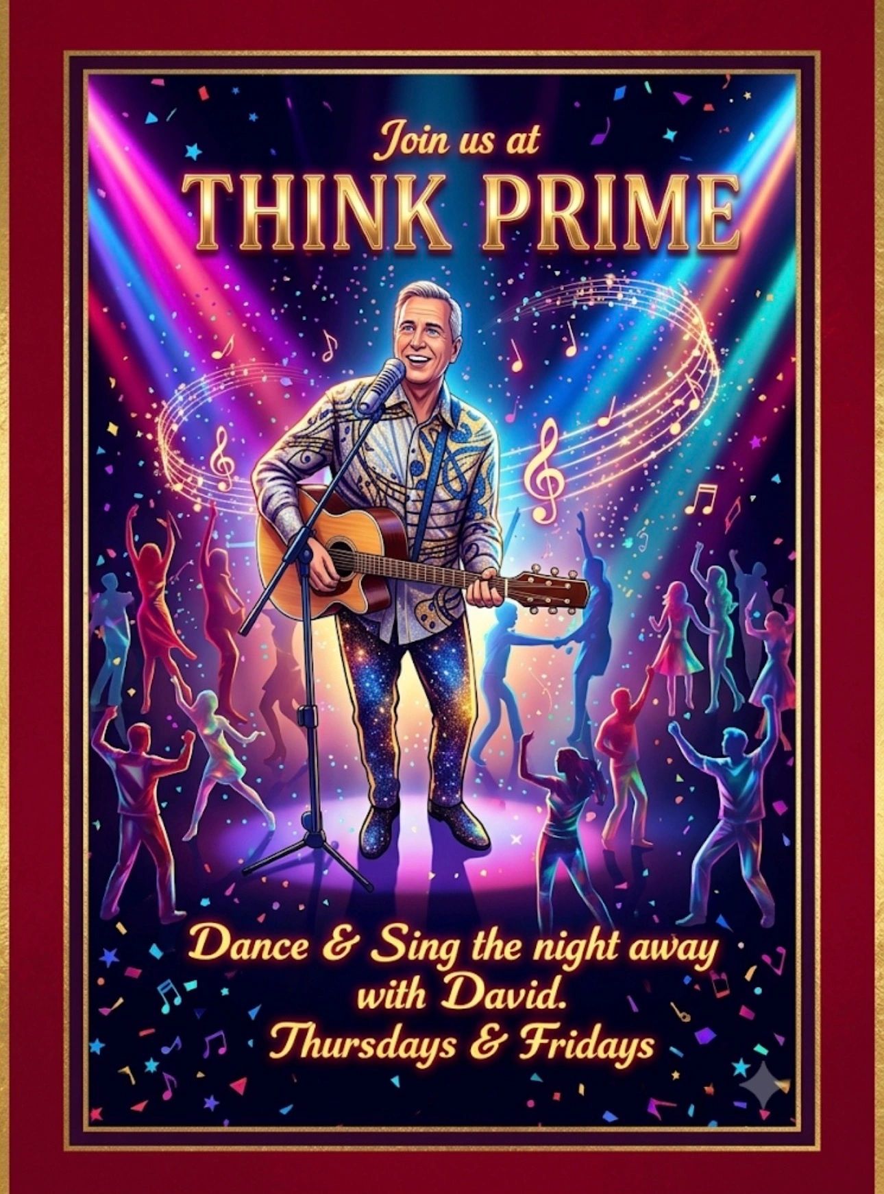 Colorful poster for Think Prime featuring David and music.