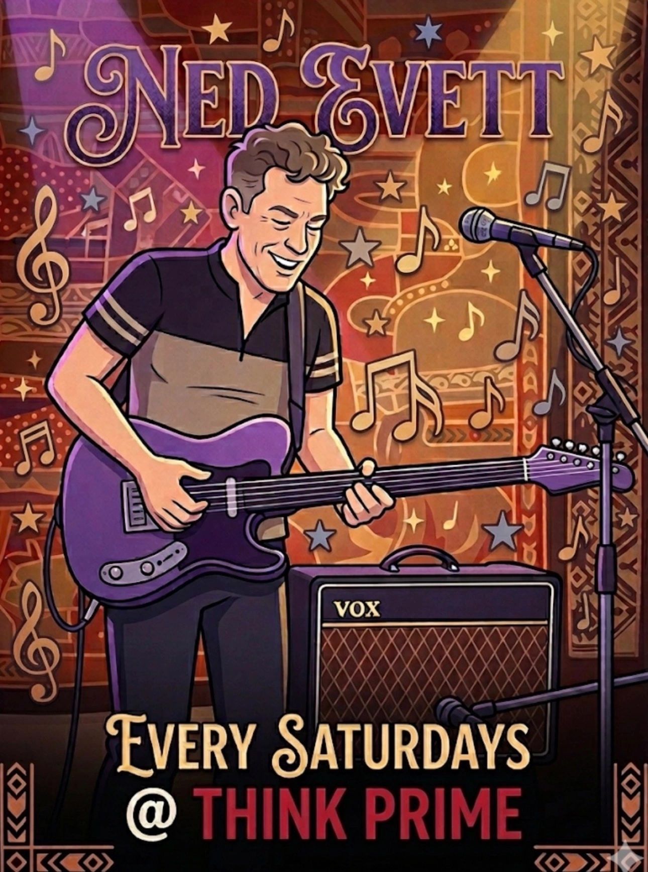 Illustration of Ned Evett playing guitar with event details.
