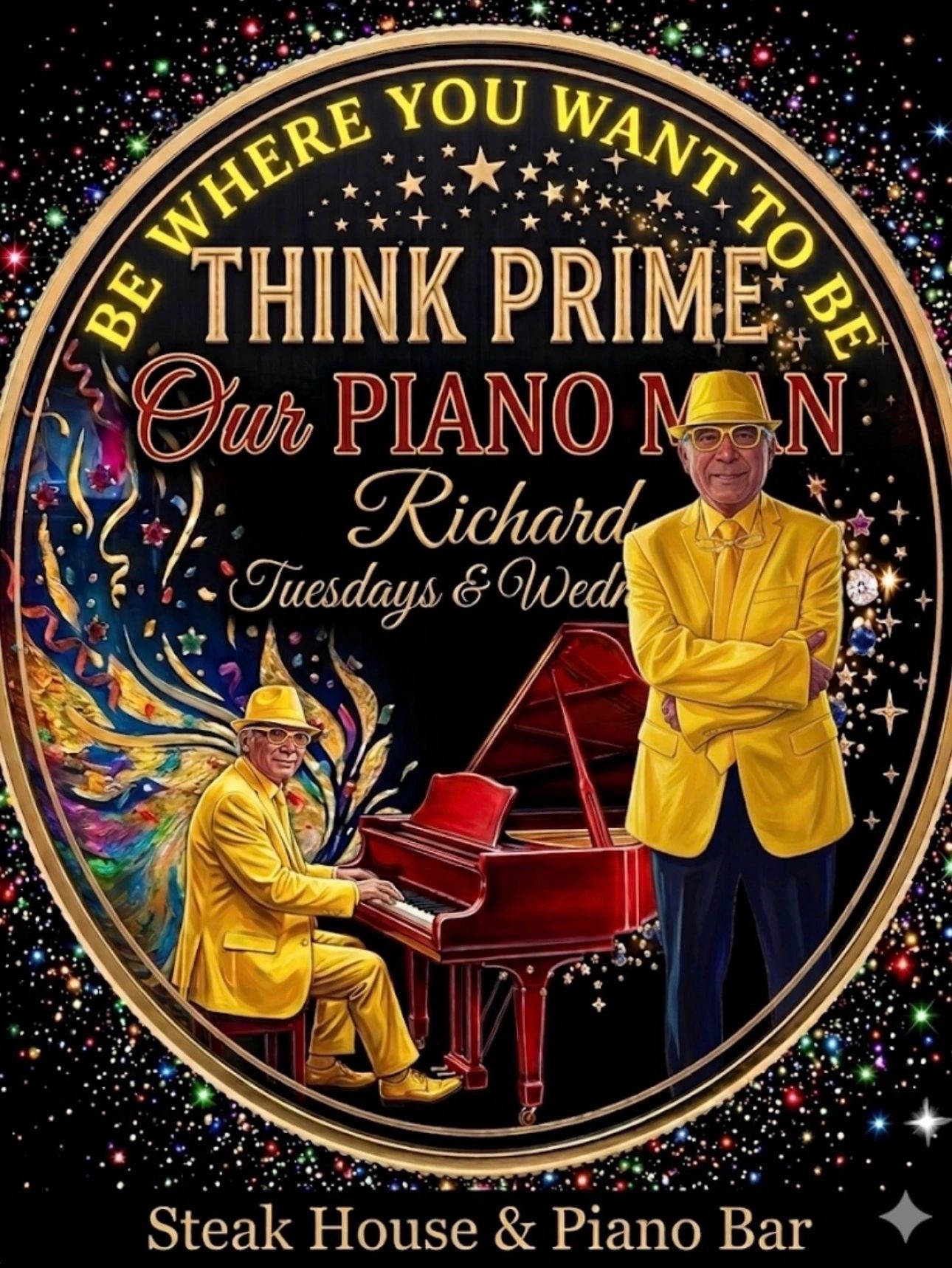 Promotional image for Think Prime featuring pianist Richard at a steakhouse and piano bar.