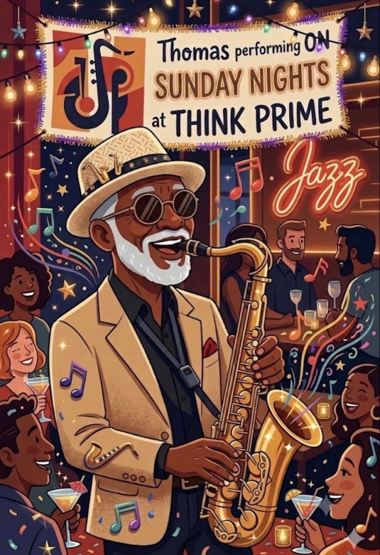 Jazz musician Thomas playing saxophone on Sunday nights at Think Prime.