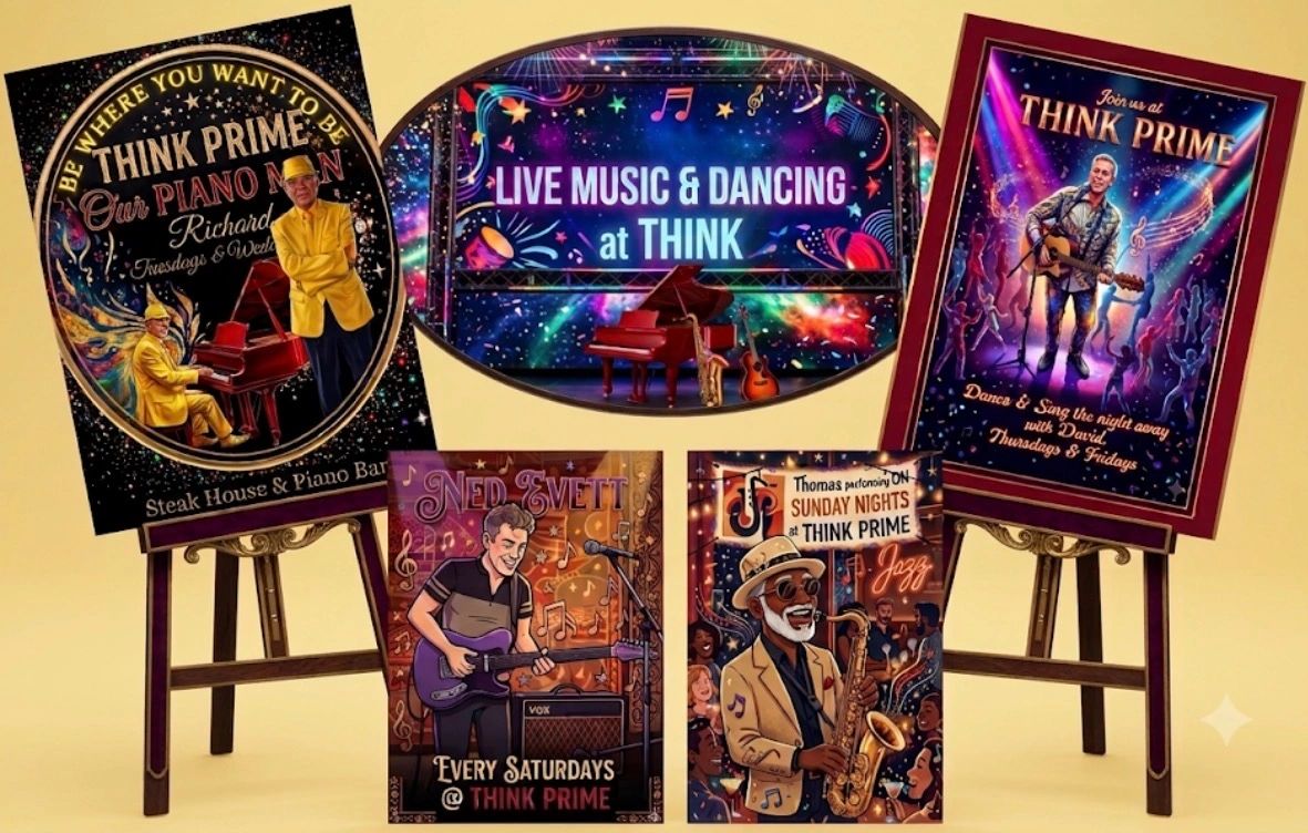 Posters advertising live music and dancing at Think Prime.