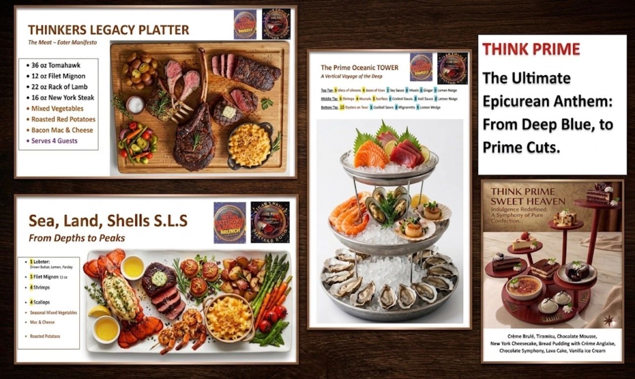 A seafood and meat platter menu with desserts.