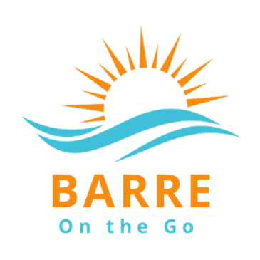 Logo with sun and waves, 'Barre on the Go' text.