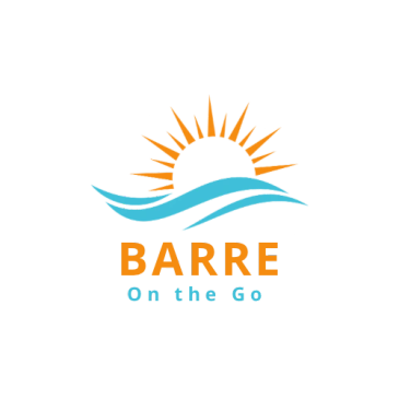 Logo with sun and waves, 'Barre on the Go' text.
