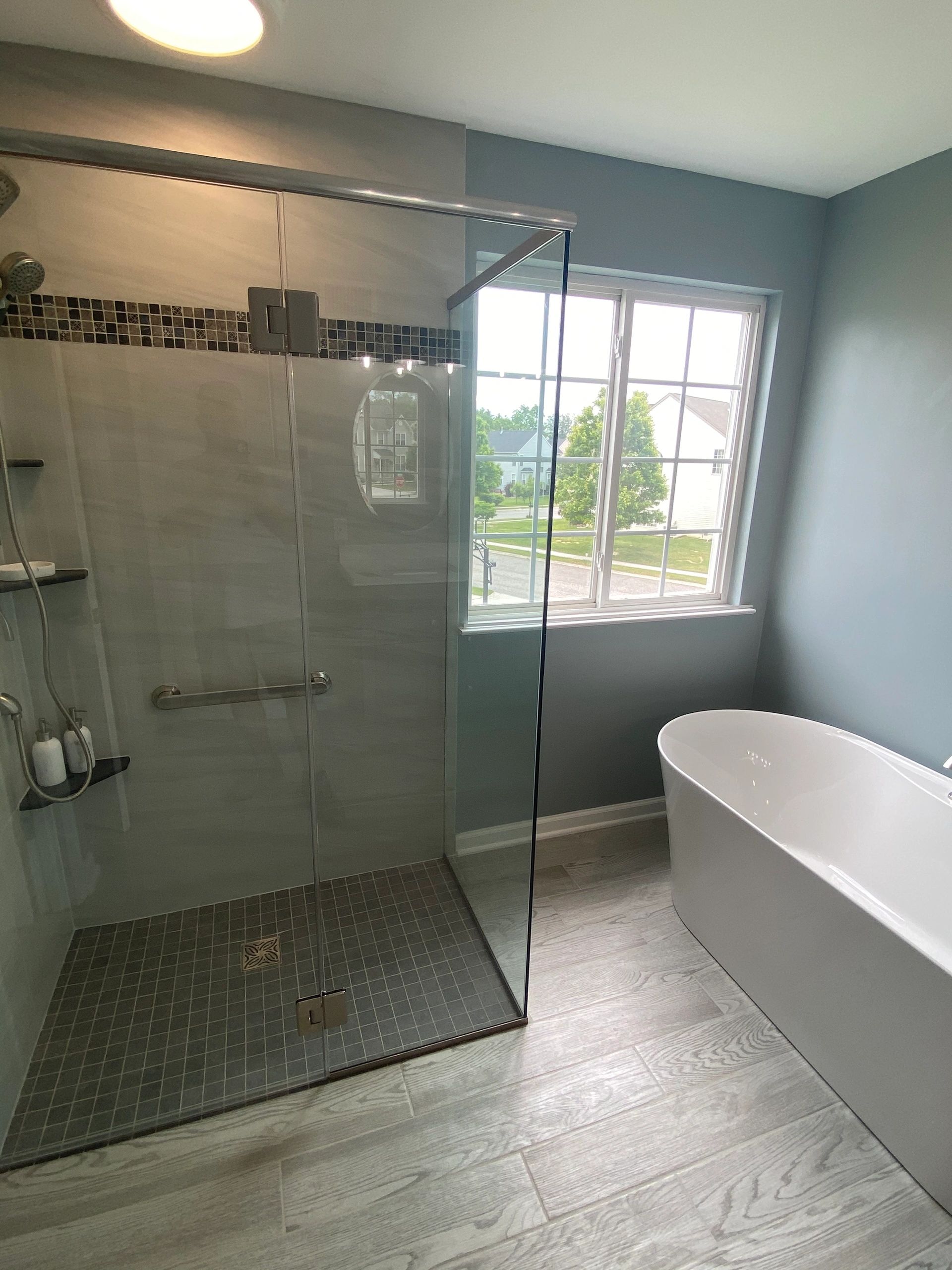 curbless shower, heated floor, soaking tub, bathroom remodel