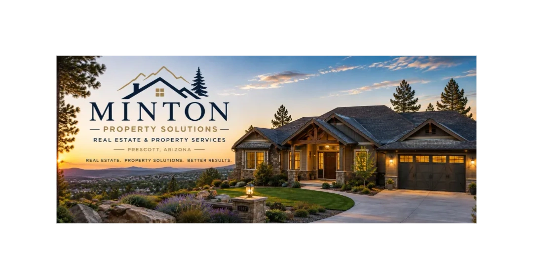 Minton Property Solutions real estate ad with a beautiful home at sunset.