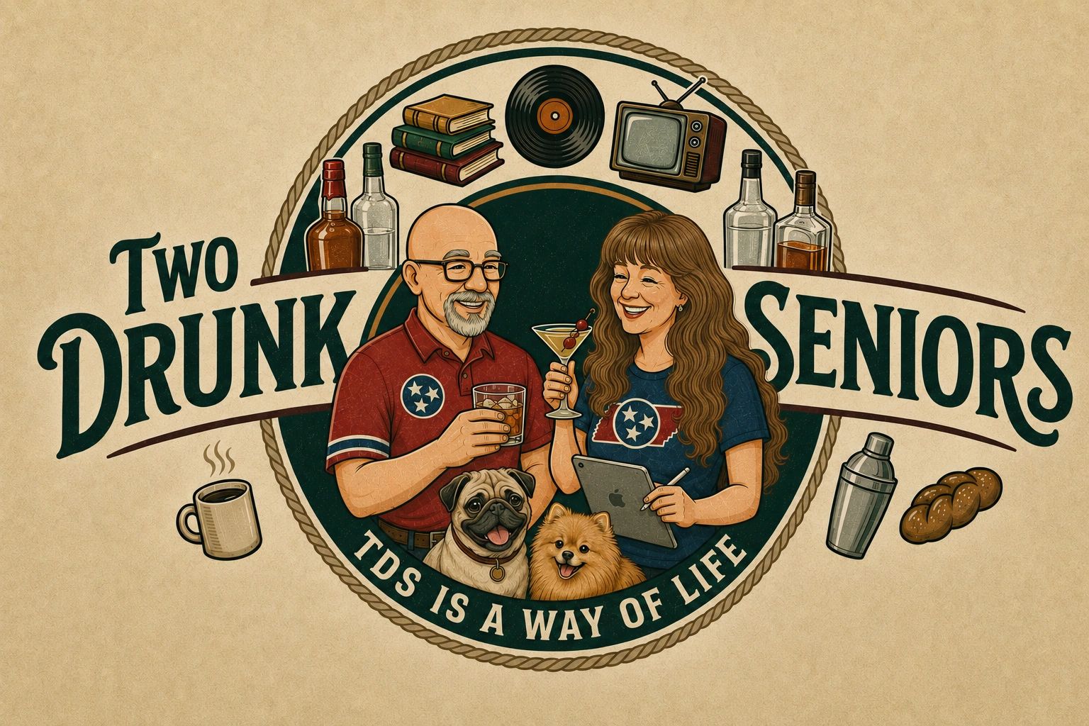Illustration of two seniors with drinks and pets, titled 'Two Drunk Seniors'.