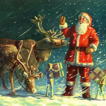Santa Claus with reindeer and toy soldiers in snowy weather.