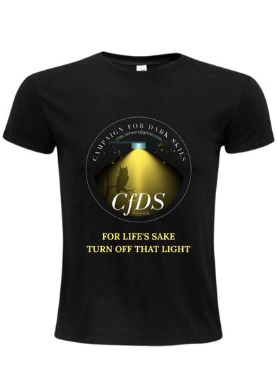 Black t-shirt promoting dark skies with an owl and light graphic.