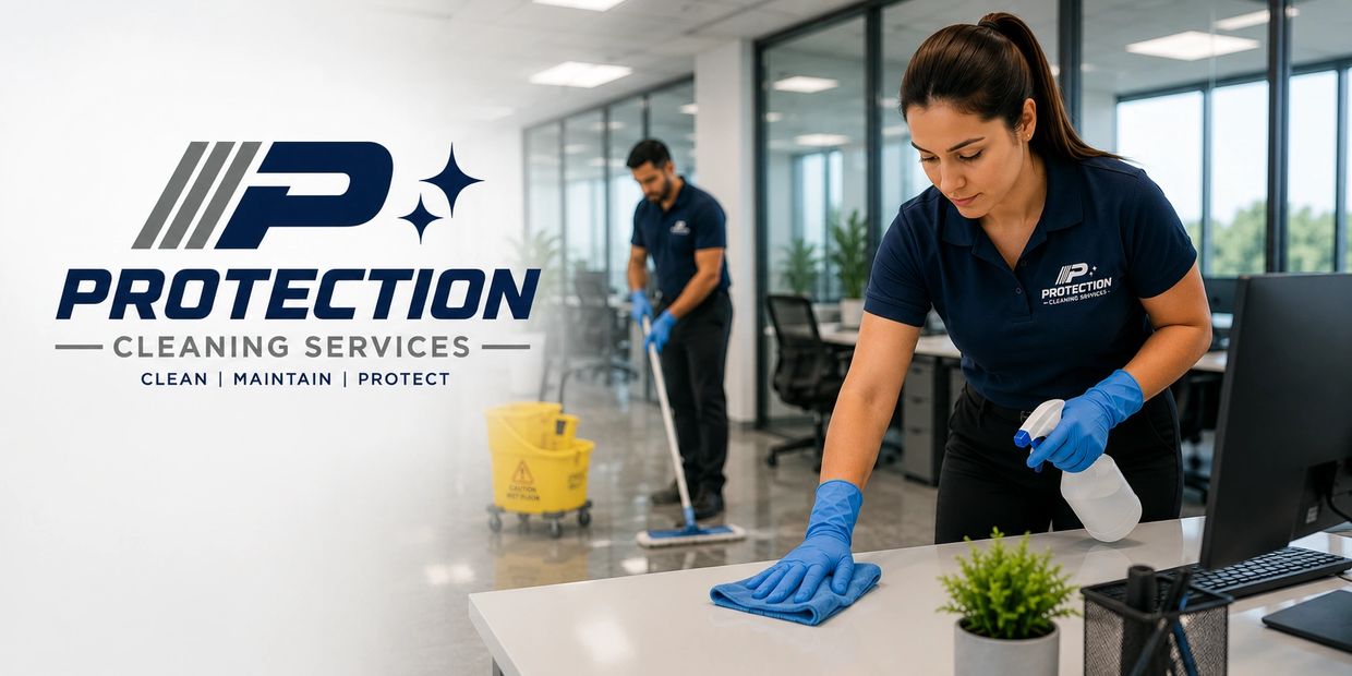 Two professional cleaners in an office, wearing blue gloves and uniforms with Protection Cleaning Services logo.