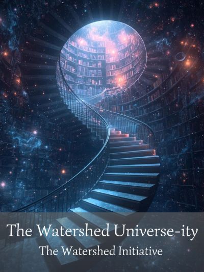 Spiral staircase in a cosmic library with glowing books and stars.