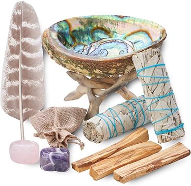 HOME CLEANSING & SMUDGING KIT WITH WHITE SAGE, PALO SANTO, ABALONE & STAND, SMUDGE FEATHER & GUIDE