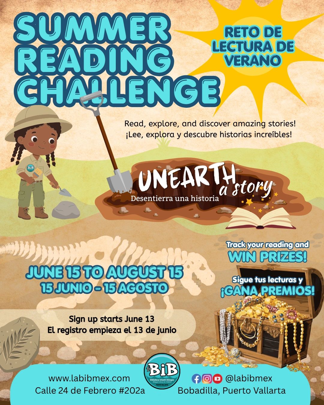 Summer Reading Challenge poster in English and Spanish with dates and prize info.