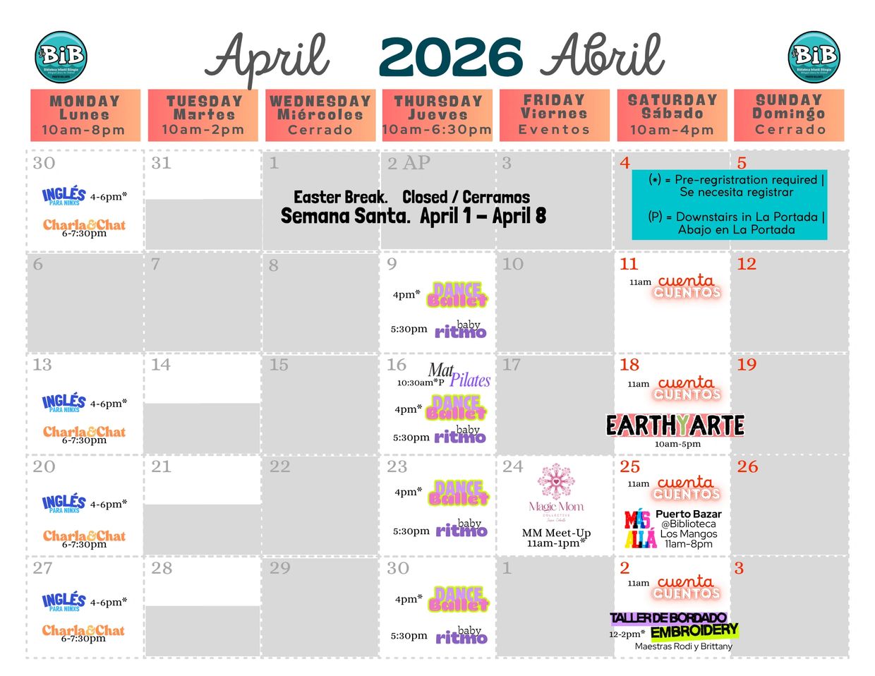 April 2026 bilingual community events calendar with classes, storytimes, and meet-ups.