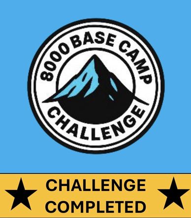 Logo of 8000 Base Camp Challenge with completion announcement.