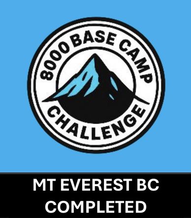 Logo of 8000 Base Camp Challenge with mountain graphic and completion text.