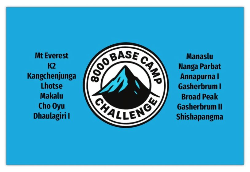 Logo of 8000 Base Camp Challenge with names of famous 8000m peaks.