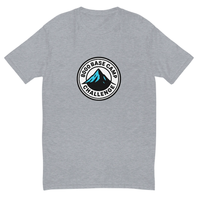 Gray t-shirt with a mountain and text logo on the back.