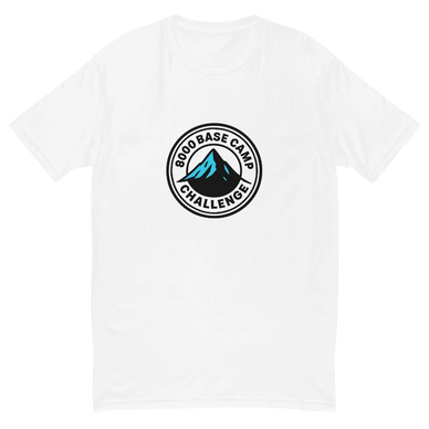 White t-shirt with a mountain logo and "8000 Base Camp Challenge" text.