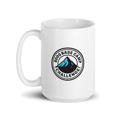 White mug with 8000 Base Camp Challenge logo featuring a mountain graphic.