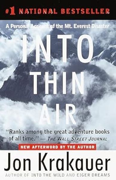 Book cover of 'Into Thin Air' by Jon Krakauer about Mt. Everest disaster.