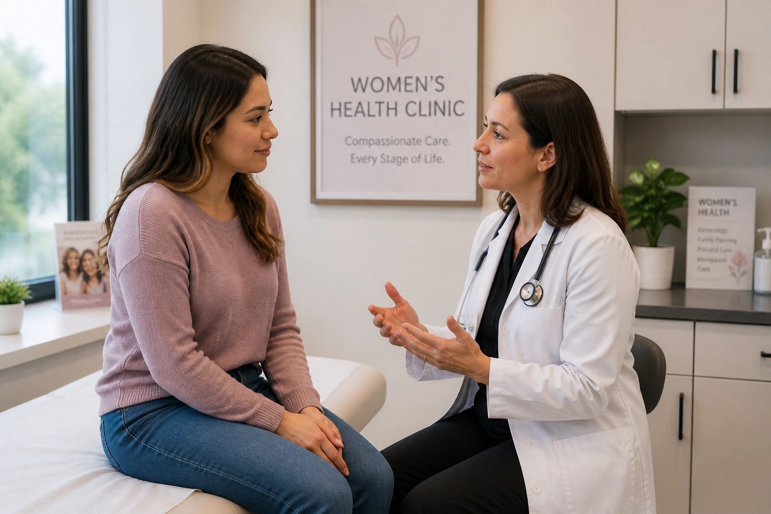 A doctor consulting a woman at a women's health clinic.